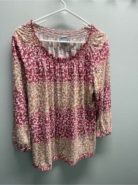 Caribbean Joe Burgundy and Coral Floral-Print Peasant Blouse